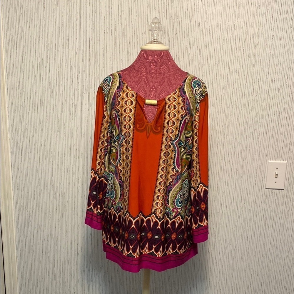 SUNNY LEIGH Knit Top Large Scoop Neck w/Keyhole, 3/4 Sleeves Boho Pullover Top